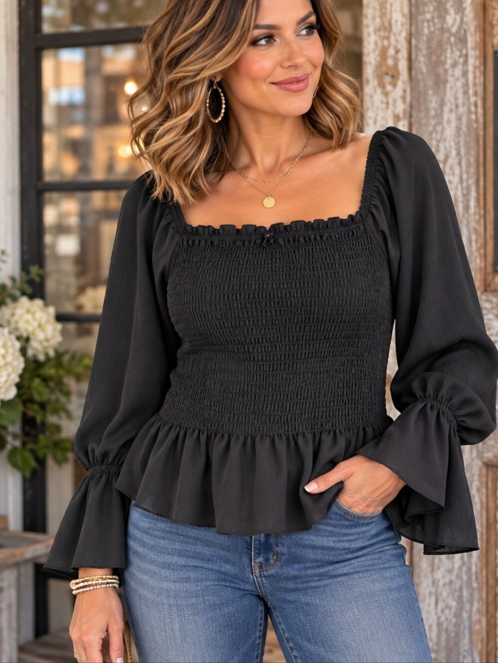 Emperia 1X Black Smocked Peplum Blouse Square Neck Bell Sleeve Romantic Top